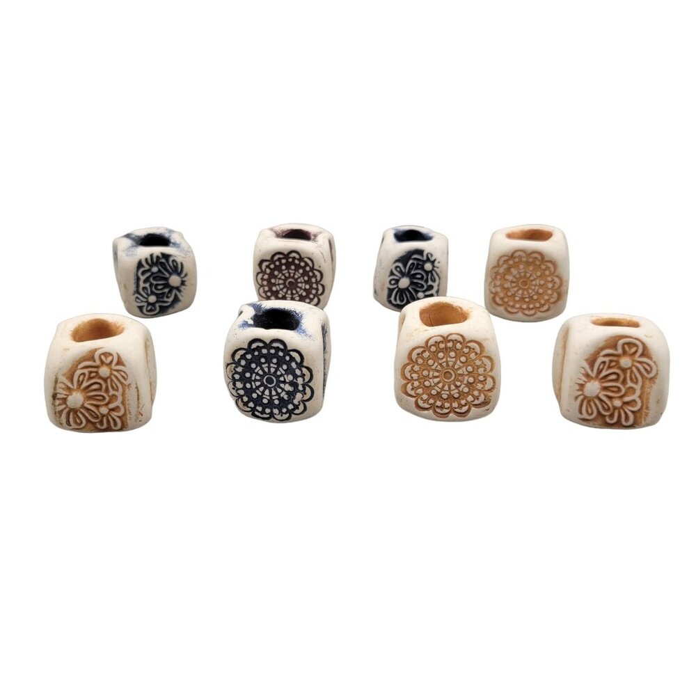 Handmade Bisque Fired Clay Beads Mixed Designs Colors Stamped Mixed Lot of 8
